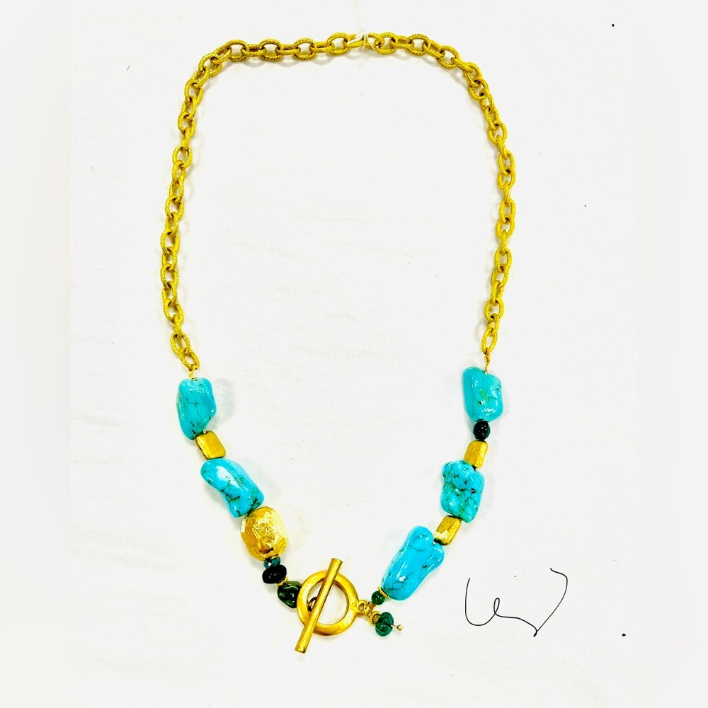 Turquoise Emerald necklace. Natural stones Custom18k gold plated.